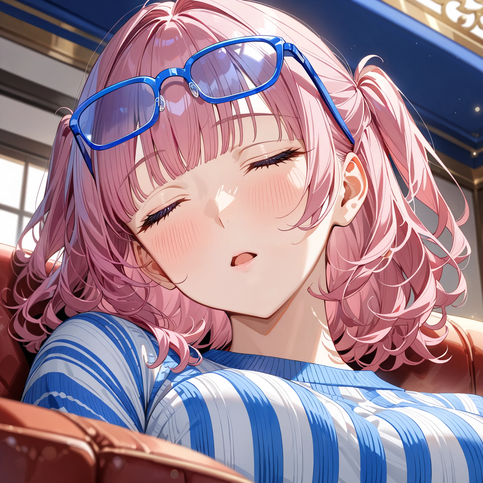 from below, head tilt, looking down, close up mouth, (blue-frame eyewear:1.3), blush、sleepy, Beautiful mature woman, closed eyes, pink hair, blunt bangs, medium short hair, wavy hair, (two side up:1.2), stripe sweater, large chest, upper body, living, couch, masterpiece, best quality, ultra detailed, intricate detailed, highly detailed skin