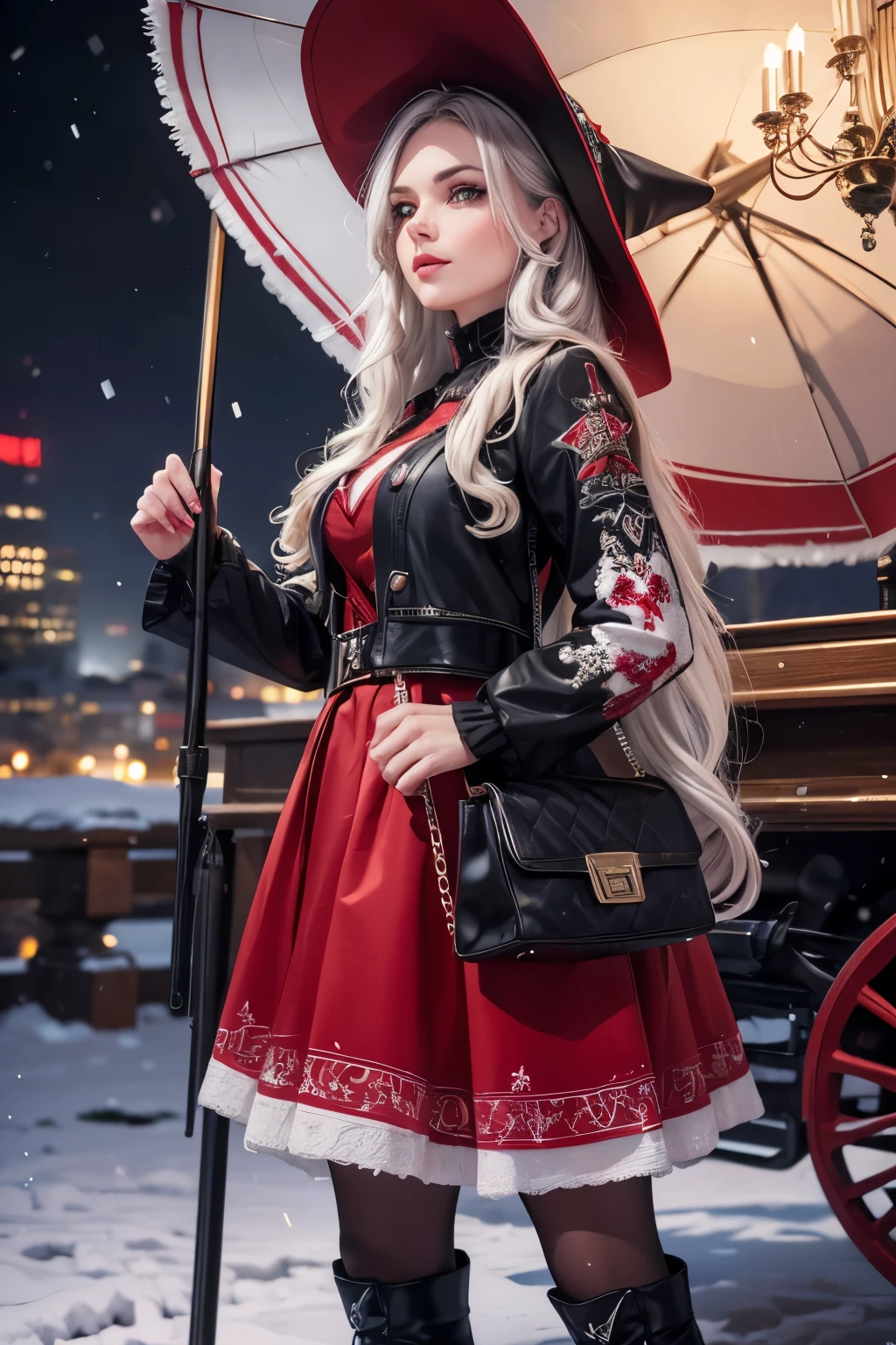 A 30 year old witch with long grey hair, wearing a red and white hat, a black boots, a red skirt and white pantyhose, standing in a winter background, holding a trolley, detailed face, beautiful detailed eyes, beautiful detailed lips, extremely detailed eyes and face, long eyelashes, (best quality,4k,8k,highres,masterpiece:1.2),ultra-detailed,(realistic,photorealistic,photo-realistic:1.37),HDR,UHD,studio lighting,ultra-fine painting,sharp focus,physically-based rendering,extreme detail description,professional,vivid colors,bokeh,fantasy,portrait, snow floor