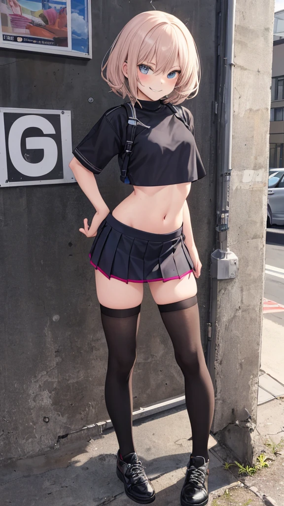 black hair, skirt, solo, twintails, v, mouth mask, black footwear, mask, socks, shirt, black skirt, thigh strap, long hair, full body, black shirt, standing, looking at viewer, black socks, boots, bangs, jewelry, pleated skirt, piercing, ear piercing, cross, black eyes, short sleeves, earrings、Menhera、Pull up the skirt with both hands、Skirt Lift Up、twin tails、白いpanties、panties見せる、beautiful eyes、panties見せてください、underwear、Well-groomed eyes、panties,Urban streets