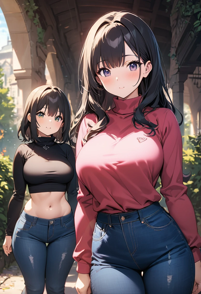 two beautiful girls, sisters, wearing jeans and long sleeved turtle neck top, petite and thicc, sexy, mature, cute, light novel art 