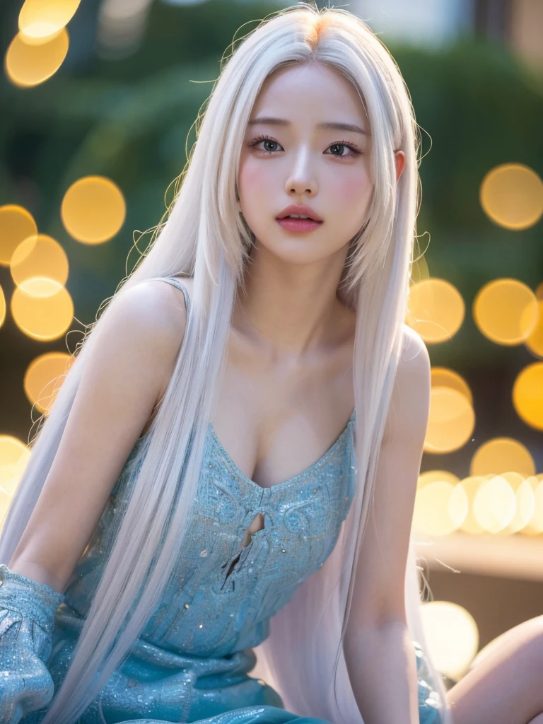 1girl, alone, solitary, high quality, (best quality,4k,8k,highres,masterpiece:1.2),ultra-detailed,(realistic,photorealistic,photo-realistic:1.37),gorgeous hair,white hair, white long straight hair with bangs,puffy eyes,mole on the cheek,plump lips,jewelry,(high detailed skin:1.4),(rim lighting:1.3),(lit:1.3),(sunny day:1.3),portrait,beautiful lips,waist-length hair,seductive gaze,moles,sundress,pastel dress,short dress,close up,really long hair,choker necklace,tattoos,tattooed,light eyes,bangs,fringe
