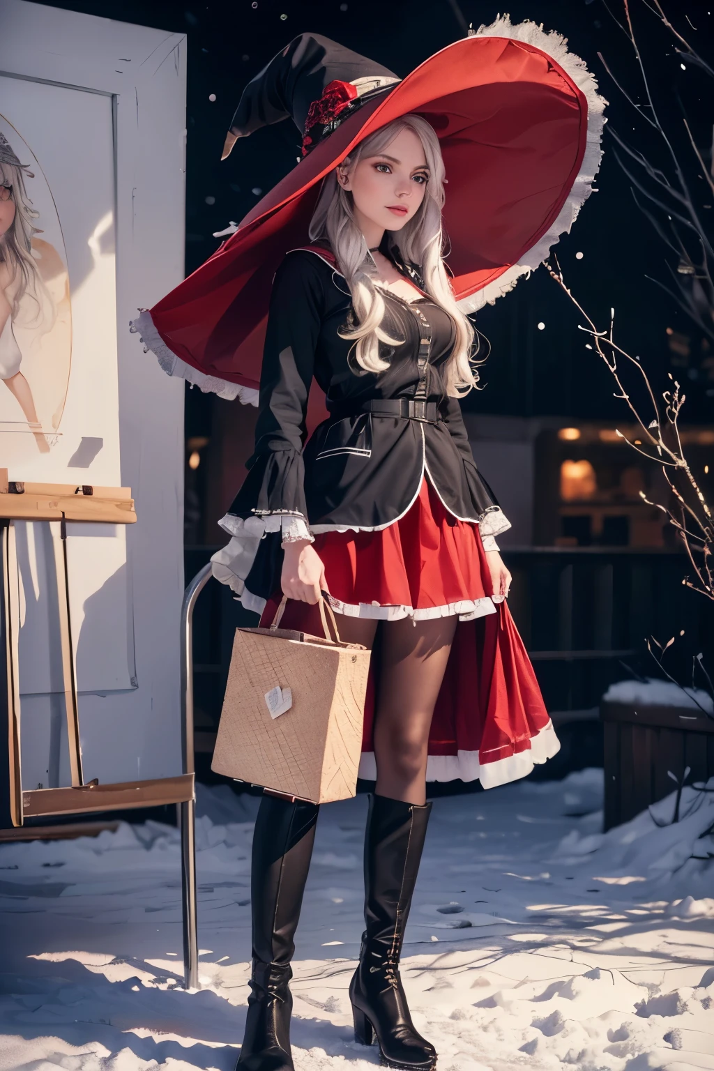 A 30 year old witch with long grey hair, wearing a red and white hat, a black boots, a red skirt and white pantyhose, standing in a winter background, holding a trolley, detailed face, beautiful detailed eyes, beautiful detailed lips, extremely detailed eyes and face, long eyelashes, (best quality,4k,8k,highres,masterpiece:1.2),ultra-detailed,(realistic,photorealistic,photo-realistic:1.37),HDR,UHD,studio lighting,ultra-fine painting,sharp focus,physically-based rendering,extreme detail description,professional,vivid colors,bokeh,fantasy,portrait, snow floor