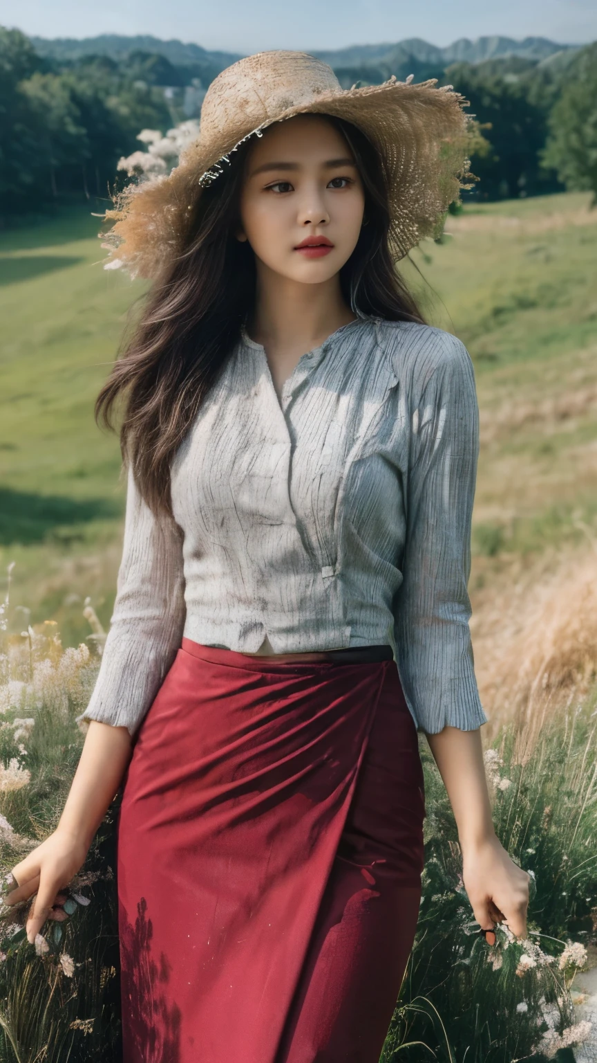 Korean beautiful model standing, face sharp details,wear very big woven hat,(acmm ls outfit, dark red acmm top, wearing acmm long skirt, dark red acmm long skirt, printed skirt,):1.2,beautiful body,model pose , dry grasses field background、best position,best composition, closed up view,(best quality,4K,8K,highres,masterpiece:1.2),ultra-detailed,(realistic,photorealistic,photo-realistic:1.37),HDR,studio lighting,sharp focus,