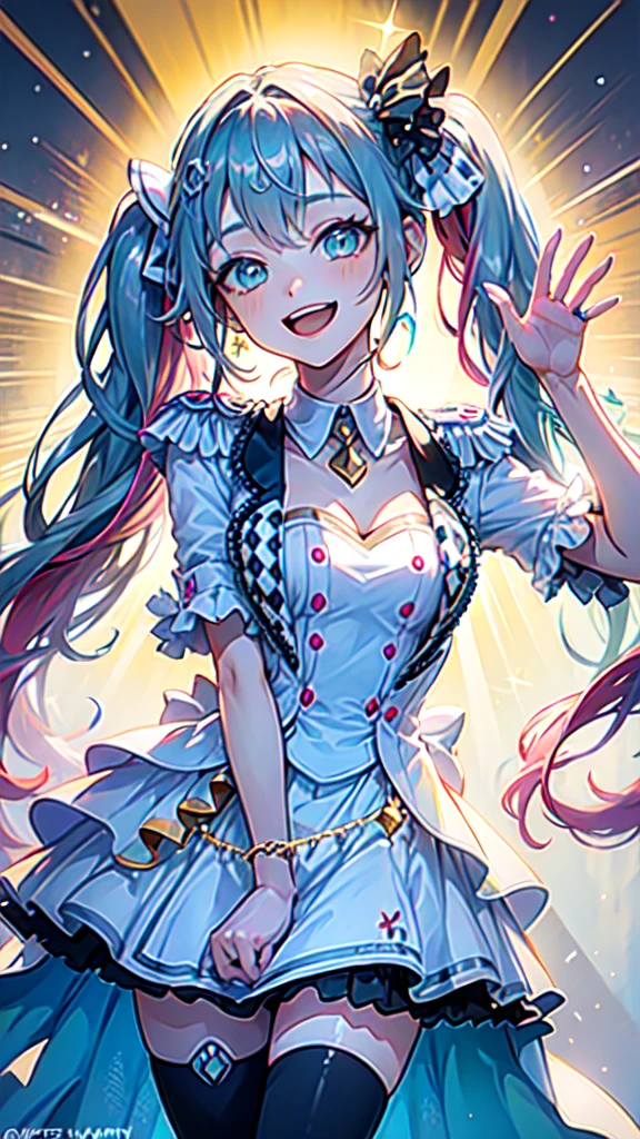 Digital anime art,highest quality,High resolution,One Girl,A girl with light blue hair in a ponytail,Super detailed,off shoulder tops,mini skirt,Big Breasts,Cleavage,Looking up,Raise one hand、holding a white rose,A cheerful smile,Laughing with your mouth open,A rich expression,Eyes drawn in detail,necklace,ring,hair ornaments,bracelet,Inside a fantasy castle,8K