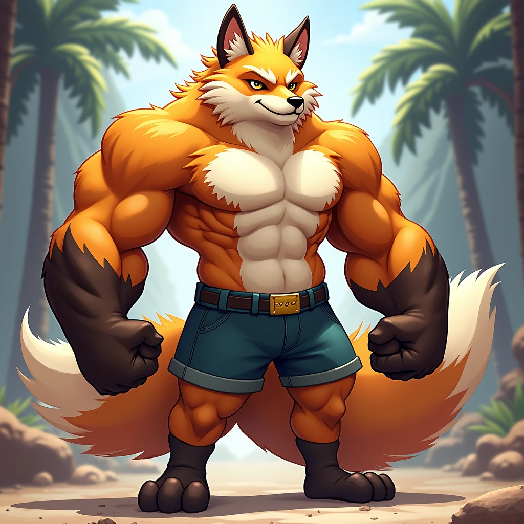 upload on e621, by Pino Daeni, by null-ghost, by kiyosan, Masterpiece, best quality, ultra high res, 4K, 8k HD, 2D, perfect anatomy, digital art, official art, extreme detailed, ultra detailed, strapsanime, color, soft shading, sharp focus, gym background, 1boy, orange body fur, yellow belly, detailed fluffy fur, ultra detailed face, detailed eyes, detailed iris eyes, detailed blue eyes, white sclera, black pupils, navel, abs, bare pectoral, black claw nails, furry fox male, mature male, orange giant bulky muscular body fur, bigger muscles, hyper muscles, giant size, large black nipples, canid, giant muscles, huge massive pecs, huge biceps, canine, canis, mammal, powerful fox, fox male, double biceps flexing, fierce face, serious expression, badass, fox anthro, solo, looking at viewer, standing, shirtless, blonde longest hair, blonde longest back fur hair, blonde longest hair fur front lay on pecs, perfect fingers, orange hands and fingers, wearing fingerless black gloves, black fingerless gloves, one black armbands on biceps, three black armbands on forearms, orange fox long tail, white tip tail, dark black speedo, dark black huge bulge