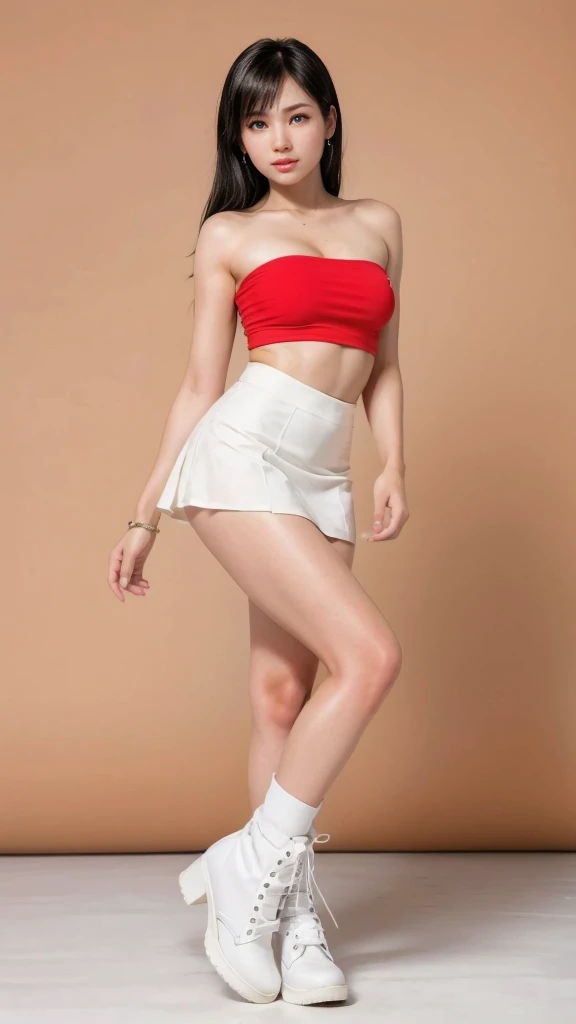 (Best Quality,4K,High resolution), 18yo woman, Red mesh hair on black hair, Short hair, hair messy, Cool Woman, Sharp eyes, Full lips, delicately painted, Realistic depiction Expresses the delicate texture of the skin in detail, Background, short red skirt, summer clothing， Bare shoulders，(Perfect ???????), Indicate the abdomen , croptop, Mouth open, (Full body), Barefoot, choker collar, Butt, ((Cute Pose))  Cute realistic , Realistic art style, low details. Digital Painting, (ass view), underboob, blush, embarrassed , embarrassed  smile