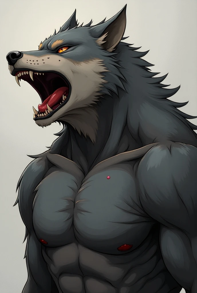 Very toned werewolf with exaggerated muscles completely naked