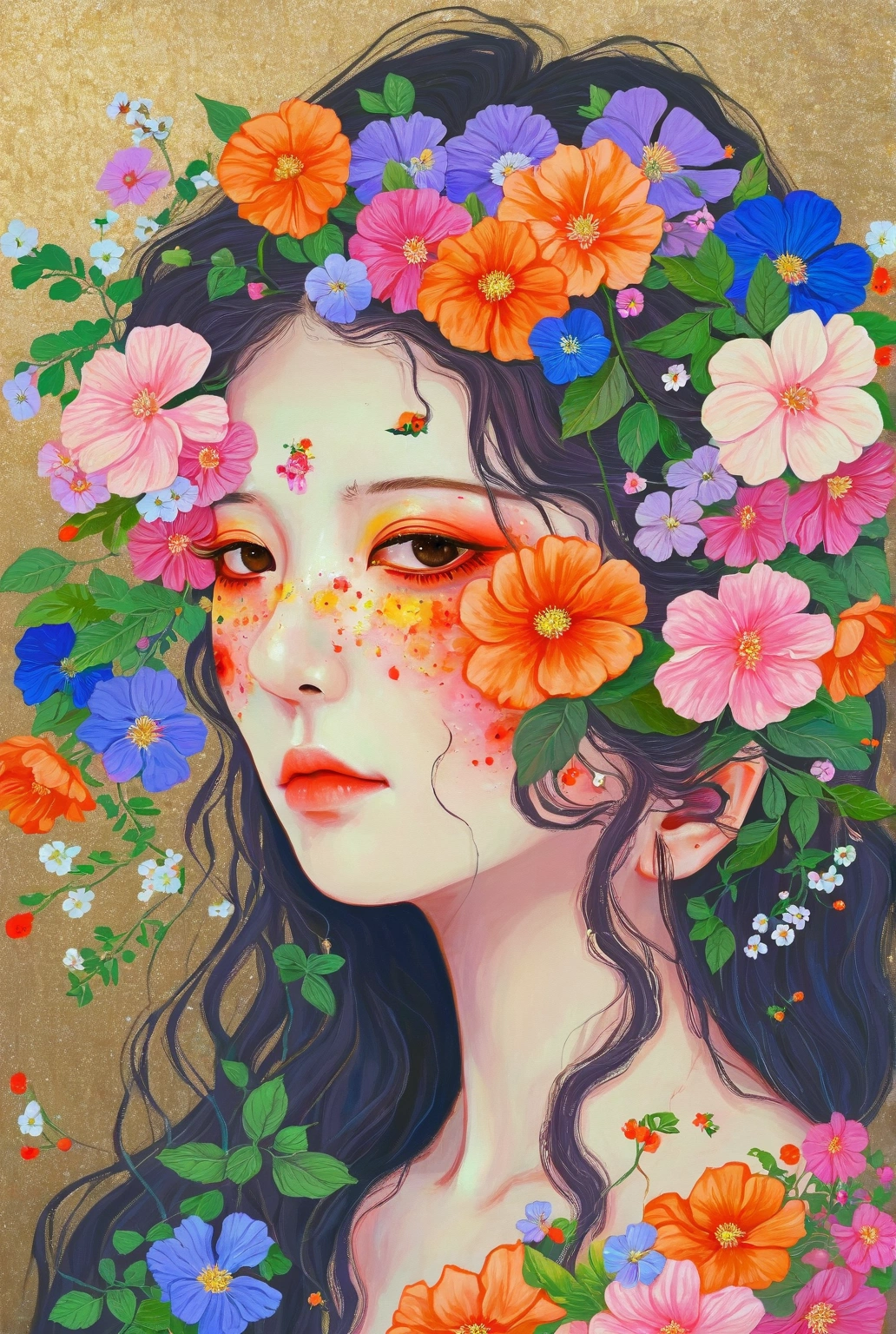 a painting of a woman with flowers in her hair, a digital painting by Ayami Kojima, tumblr, aestheticism, girl with a flower face, trending on artstration, beautiful aesthetic art, covered with flowers, flowers covering eyes, girl with a flower head, girl in flowers, colorful aesthetic, covered in flowers, aesthetic portrait, with flowers