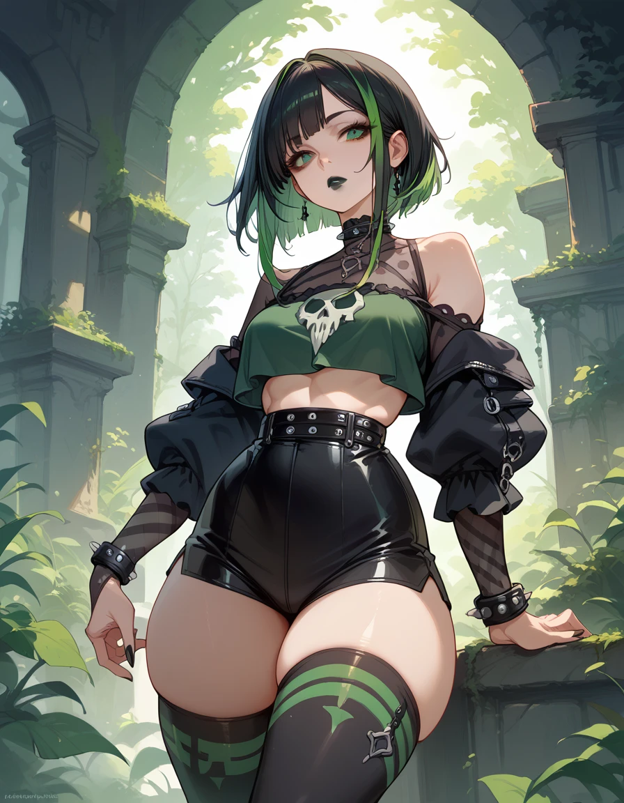 Pure sky,Plump legs,Green gem setting,Anime girl standing gracefully on the ground,Black cape and green hair, rogue anime girl, Anime girl standing, Wearing a cloak on the blasted plain, asuka suit under clothes!, Cyborg girl, badass posture, mechanic punk outfit, anime styled 3d, render of a cute 3d anime girl, gapmoe yandere grimdark, Female character,musculature,Abs,Glowing green eyes,Black hair with green gradient,extra very long hair,Bunched hair,Dull hair,(Muscle 2.0),Tomboyish,Be red in the face,looking at viewert,Elaborate Eyes,huge tit,1.5,ssmile,Openwork black silk,Straight big breasts,strappy,Black cutout miniskirt,White bandeau,High-fork panties,Toothless smile,Lower breast,Mechanical wind,There are no cities,Side breasts,Excitation,Top crotch,Sexy lower abdomen,Camel toes,Sexy underarms,See panties