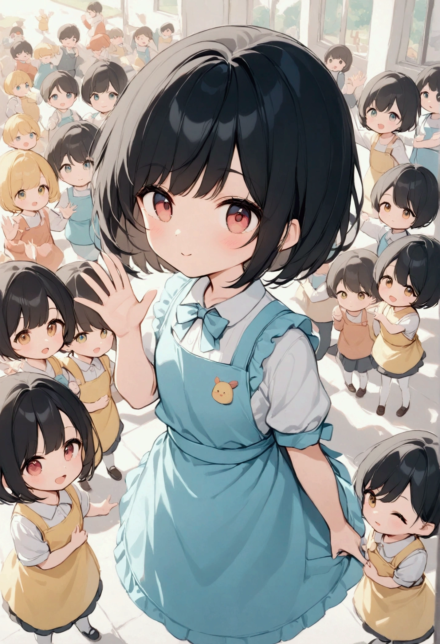 Beautiful woman,  short bob, Black Hair, Surrounded by lots of cute kindergarteners ,  casual attire, Waving, The background is a kindergarten,  wearing aprons depicting chicks, Nursery teacher