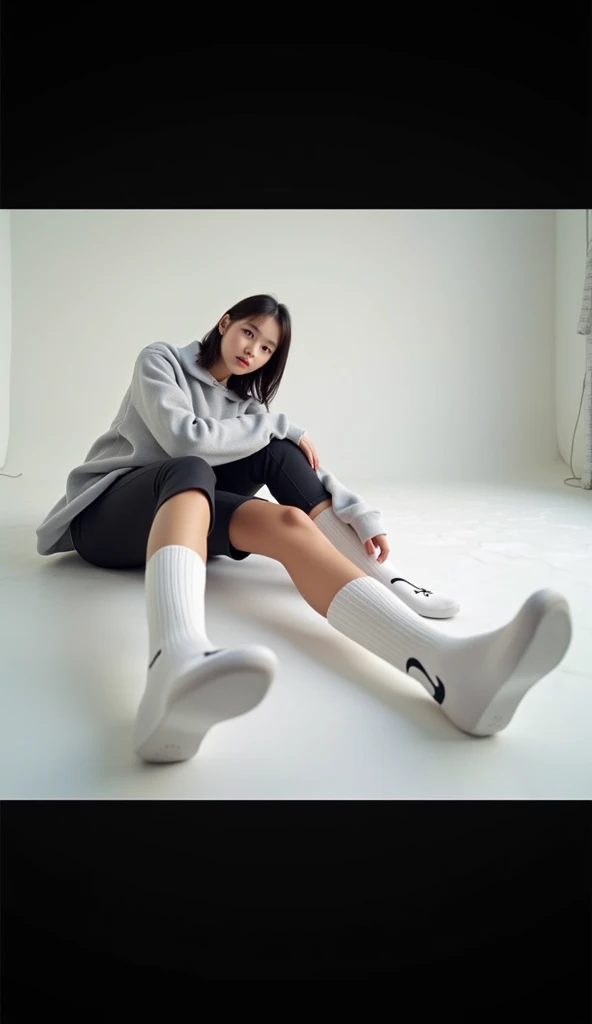Wearing white Nike socks、Highlighted with white knee-length socks featuring the Nike logo、Black Nike logo on socks、The socks always have one black NIKE logo visible, and there are two pairs of socks on each foot
白のNIKE靴を履いてる