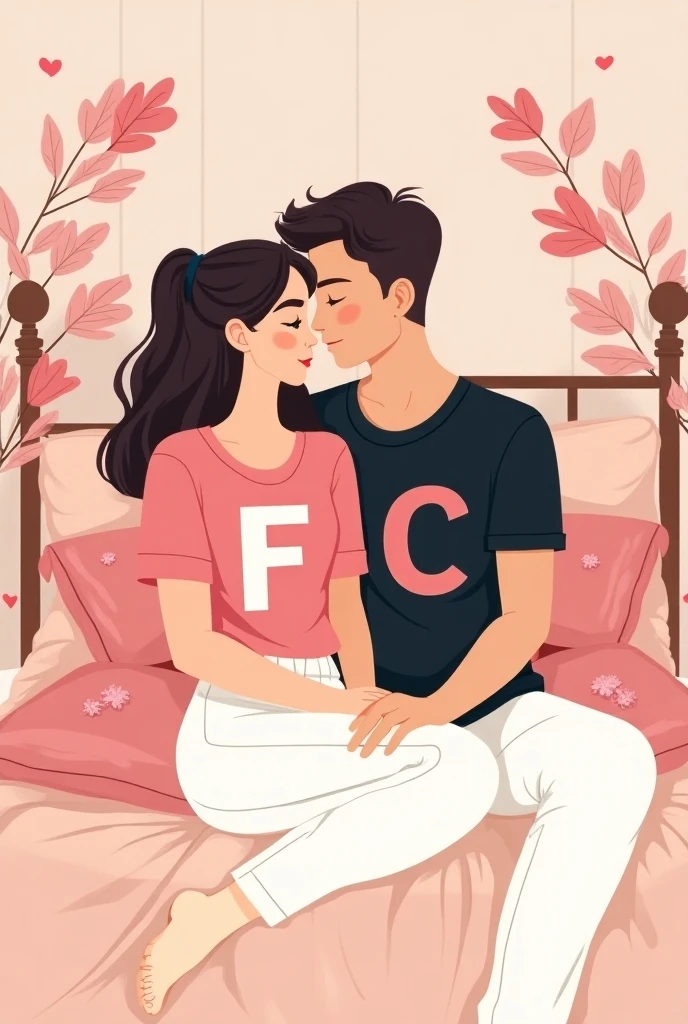 a woman wearing only a plain t-shirt and panties, mounted on top of a man lying on a bed, proportional drawing without background, isometric design, anatomical correct, romantic image