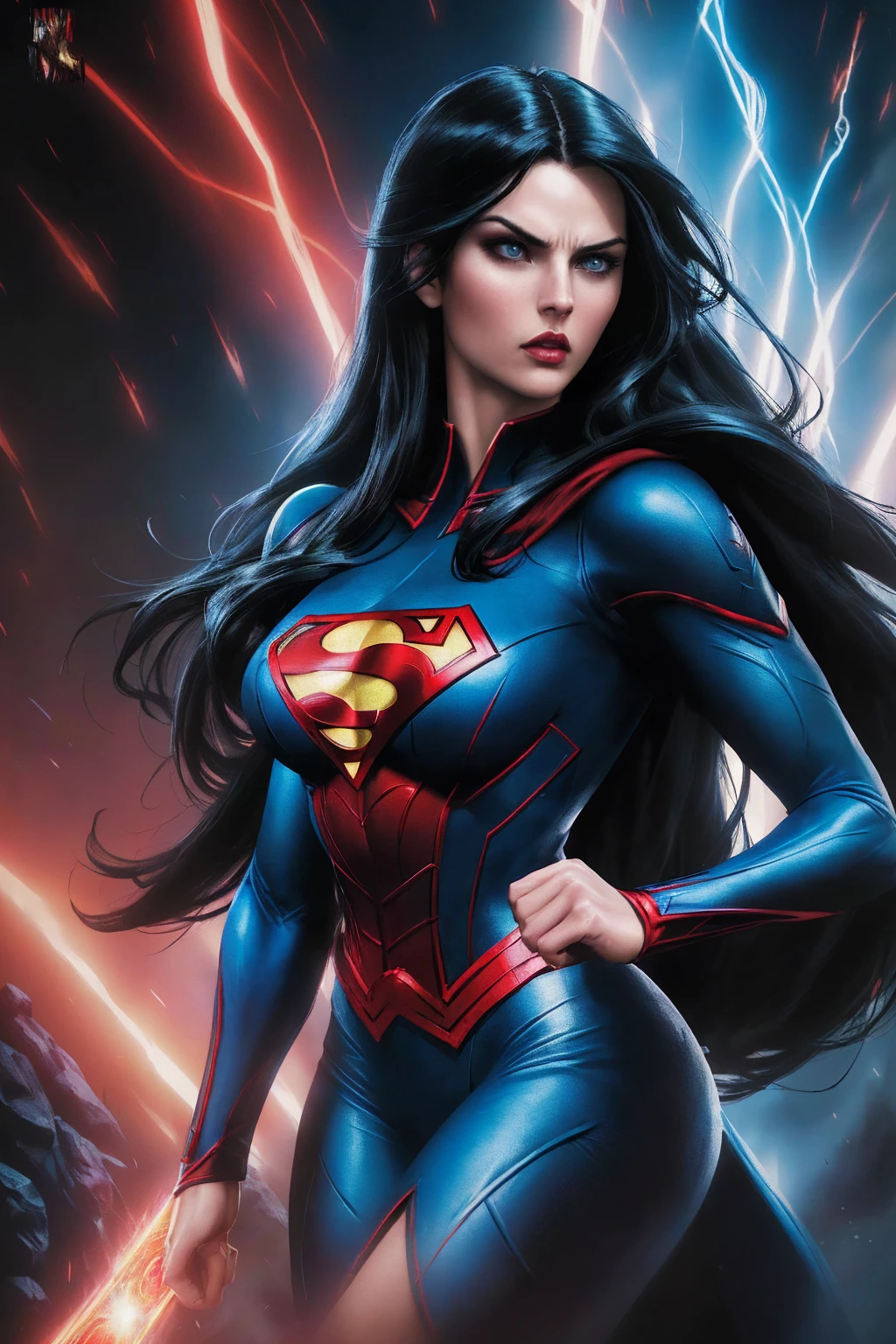 A woman with long black hair and blue eyes, wearing a red and blue superhero costume, powerful superhero pose, dynamic action scene, (best quality,4k,8k,highres,masterpiece:1.2),ultra-detailed,(comics,photocomic,photo-comic:1.37),cinematic lighting,dramatic atmosphere,vivid colors,epic fantasy,