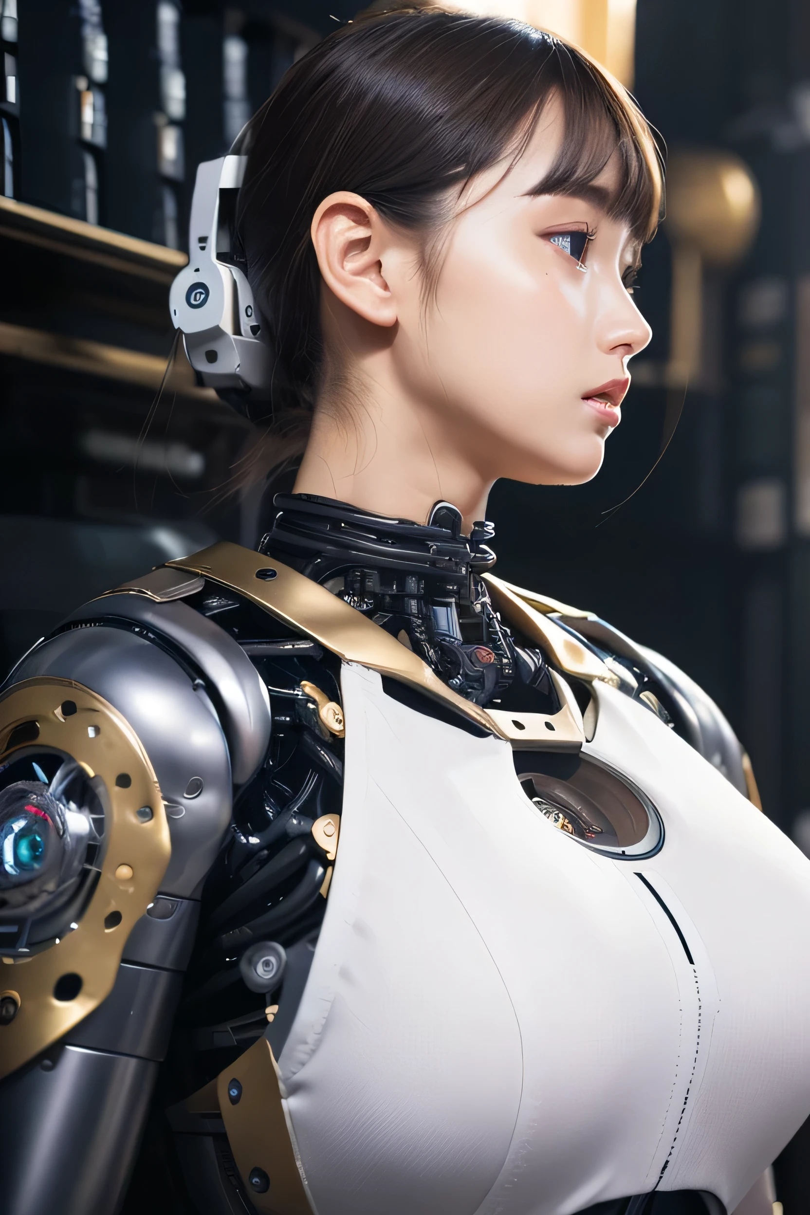 top-quality、masterpiece、超A high resolution、(Photorealsitic:1.4)、Raw photo、女の子1人、Black hair、glowy skin、1 Mechanical Girl、((super realistic details))、White plastic body、portlate、globalillumination、Shadow、octan render、8K、ultrasharp、character edge light,Colossal tits、Raw skin is exposed in cleavage、Details of complex ornaments、Steampunk details、vacuum tubes、Nixie Kan、Oil pressure gauge、Glass Kan、Analog Meter、gear wheel、gear、Golden hydraulic cylinder、highly intricate detail、Realistic light、CGSoation Trends、a purple eye、radiant eyes、Facing the camera、neon details、Mechanical limbs、blood vessels connected to tubes、Mechanical vertebrae attached to the back、mechanical cervical attaching to neck、sitting on、Wires and cables connecting to the head、Gothloli details、Small LED lamp、