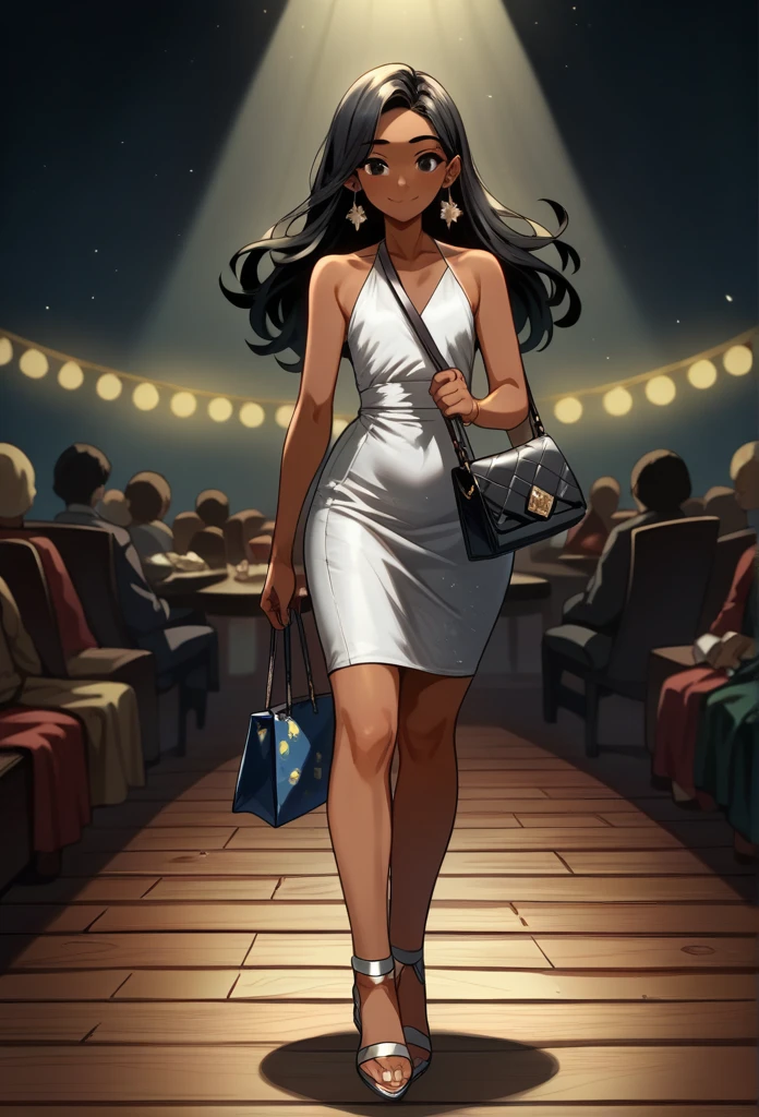 (((Adult trans woman)): formal mini dress, sleeveless, black eyes, ((brown skin)), dark skin, showing the whole body, ((black hair, long aavy hair)),(Silver High heel sandals ). Closed mouth )); full body shot, cute smile, intense eyes looking, ((standing at stage), holding a purse, party, restaurant background. High quality. 4k, 8k, many details. Masterpiece, accurate, anatomically correct, posing, detailed background, better quality, original work Focus on details, Front view, earrings, wind blowing, red make, mature face , flat chest, Christmas theme