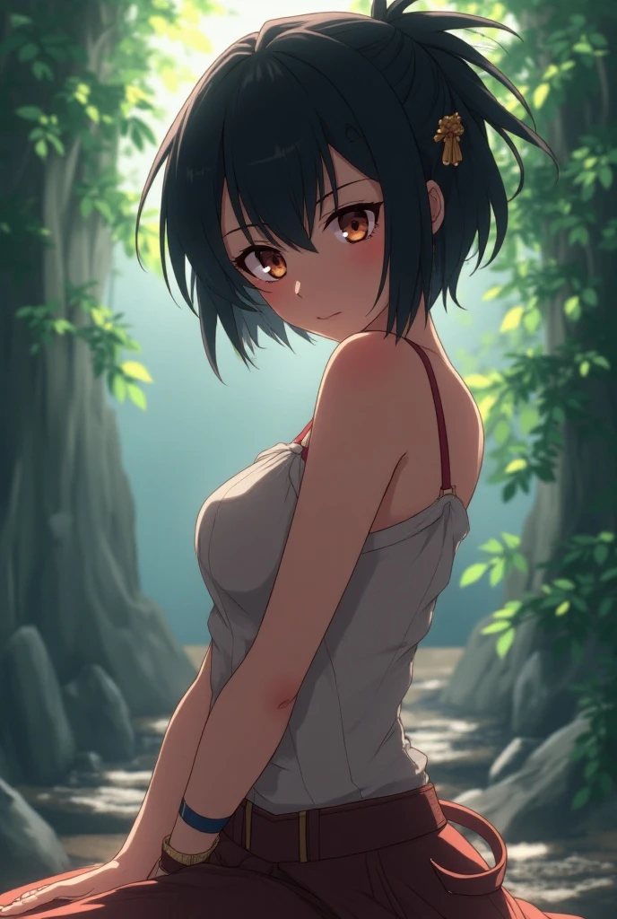 shoot from behind、looking back、Black、Dynamic Angle、In the jungle、Girl、Girl、Short、Younger、Lower school girls、Innocence、Pure、Pussy、Indian、Both eyes open、National costume、Ethnic Makeup、black-brown skin、flat chest、Nipples、forehead、smile