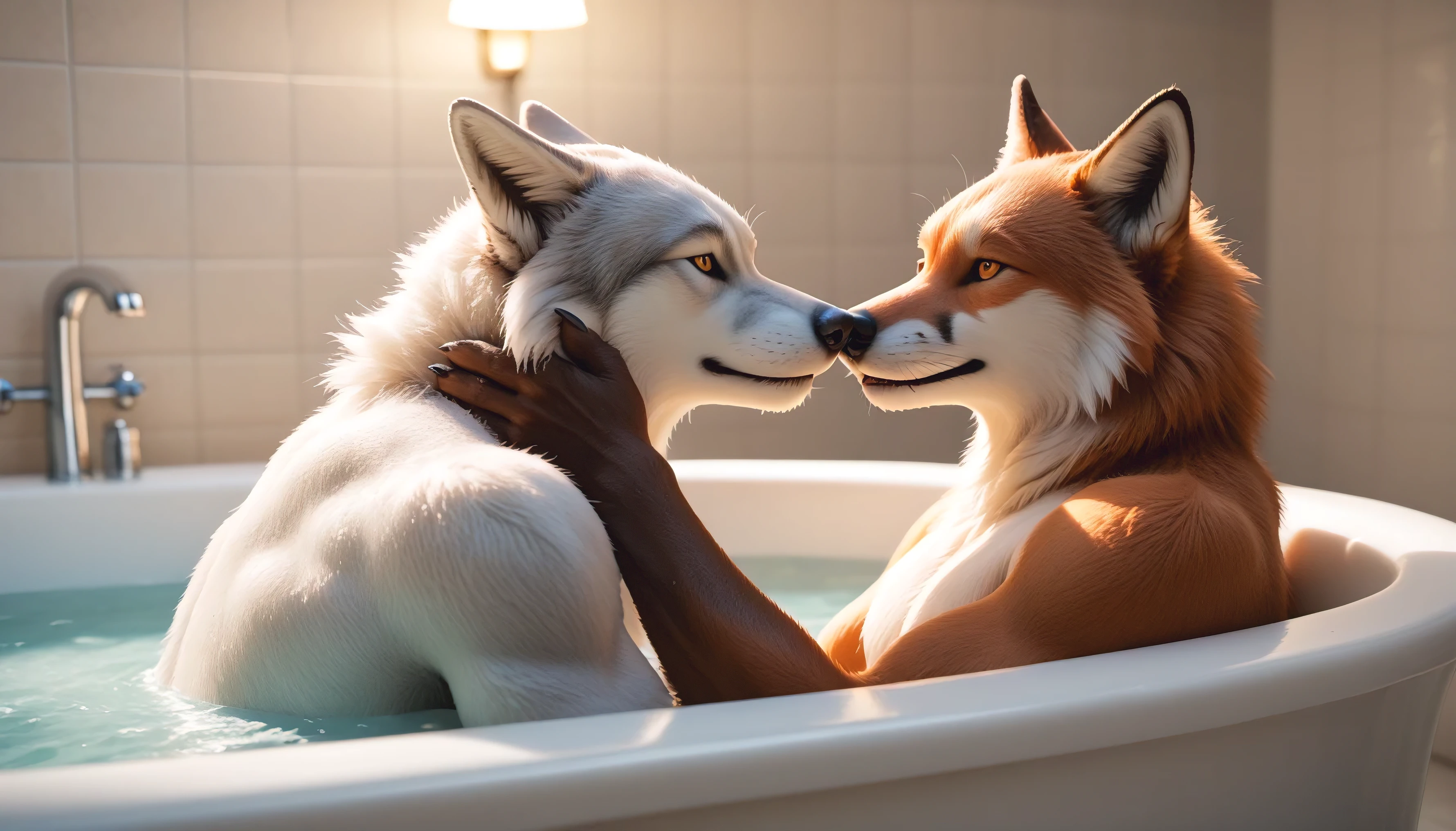 score_9, score_8_up, score_7_up, high quality, masterpiece,digital media \(artwork\), detailed fur, detailed face,
BREAK, high-quality, hyperrealistic digital render of a gay couple in fursuits, featuring a muscular male fox and wolf taking a relaxing bath together. The fox has vibrant orange and white fur with subtle markings, while the wolf has a sleek gray and white coat with piercing eyes. They sit close to each other in a spacious bathtub filled with warm water and bubbles, their relaxed expressions showing comfort and affection. The ambient lighting is soft and warm, creating a cozy, intimate atmosphere with gentle steam rising from the water. The bathroom features elegant, modern decor with subtle backlighting and intricate tile patterns. The scene captures a tender moment between the couple, with small, playful splashes and subtle smiles as they enjoy each other's company. Ultra-detailed fur textures, vibrant colors, depth of field, cinematic lighting, CyberRealistic, photorealistic, 3D render, AddXL, and rendered in 8K resolution.",