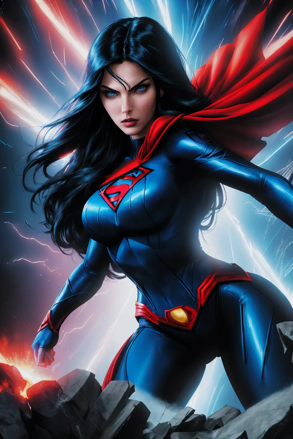 A woman with long black hair and blue eyes, wearing a red and blue superhero costume, powerful superhero pose, dynamic action scene, (best quality,4k,8k,highres,masterpiece:1.2),ultra-detailed,(comics,photocomic,photo-comic:1.37),cinematic lighting,dramatic atmosphere,vivid colors,epic fantasy, backwards, looking back