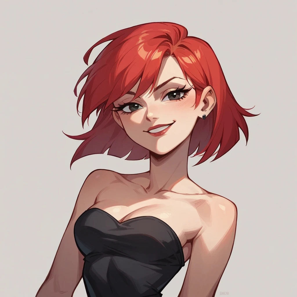 FrankieFoster, red medium hair, bob hair cut, black eyes, posing, solo, strapless black dress, seductive smile, beautiful, upper body, 1girl, solo
