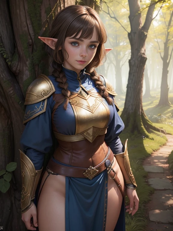 Fantasy, medieval, ((best quality)), ((masterpiece)), (detailed), perfect face, beautiful sexy elf, standing, heroic pose, brunette, big eyes, blue eyes, black eyeliner, freckles, laurel crown, elven armor, cameltoe, greatsword on the back, outdoors, gloomy forest, battlefield