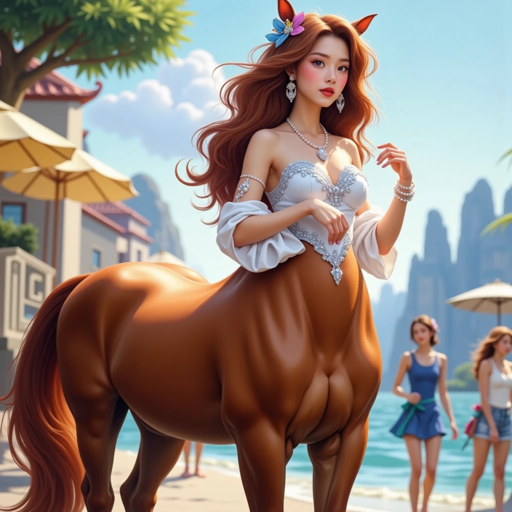 1Centaur Girl，Four legs，Leopard print underwear，Leopard-print clothing，Leopard print，Crystal high heels，The whole body is dazzling and starry，（Horses have human skin.）（Flesh-colored skin (Cynthia Sheppard), Fair and shiny skin, Full body CGsociety, Beautiful full body concept art, horse, smooth Fair and translucent skin, Pretty blue butterfly hair accessories and pale porcelain skin, Gu Weiss, Fair and translucent skin, Pale skin,,Ivory white skin, Light milky white porcelain skin，（Skin tone consistency）