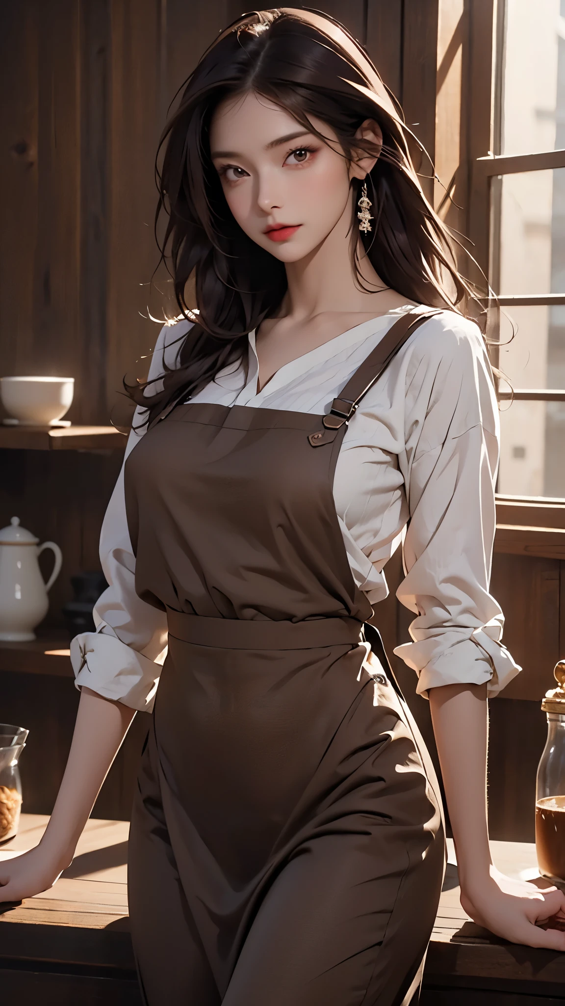 masterpiece,highest quality,Stylish western style cafe,female cafe clerk,(cafe clerk:1.3),(fine clothes),(carry a coffee pot),laughter,Bright atmosphere in the store, highest quality,8K,super high resolution,(Photoreal:1.3),RAW photo、(1 female), ((brown hair, casually hair:1.6)), glowing skin, cafe clerk, stylish, cute apron,((Ultra realistic details)),portrait,global illumination,octane rendering, 8K,super sharp,very intricate details,realistic light,Trends in CG society,beautiful eyes,shining eyes,towards the camera