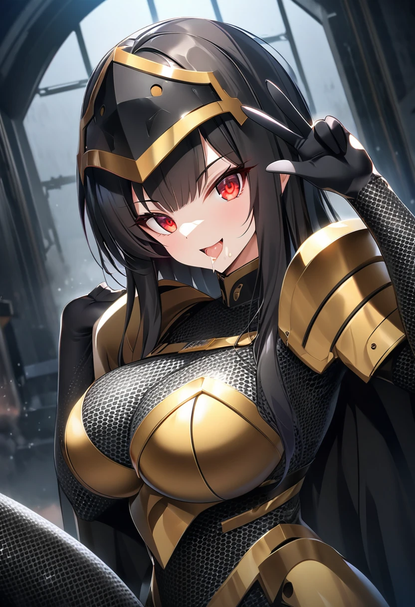 cool great imperator 1girl,anime,score_9, score_8_up, score_7_up, source_anime, best quality, red eyes in dark, large breasts, perfect body, looking,c,indoor, w,golden helment covering whole head,kyah,epic,extremely cool,darkness,dimple design,epic,sitting,cool pose,darkness,sitting on a throne,serious,darkness around head,faceless,chainmail-iron armor ,iron, ,close up,lewd,dyamic pose,dynamic view,masterpiece,nsf,w,sexy,open mouth,cum stain in mouth,lewd ace,cute face