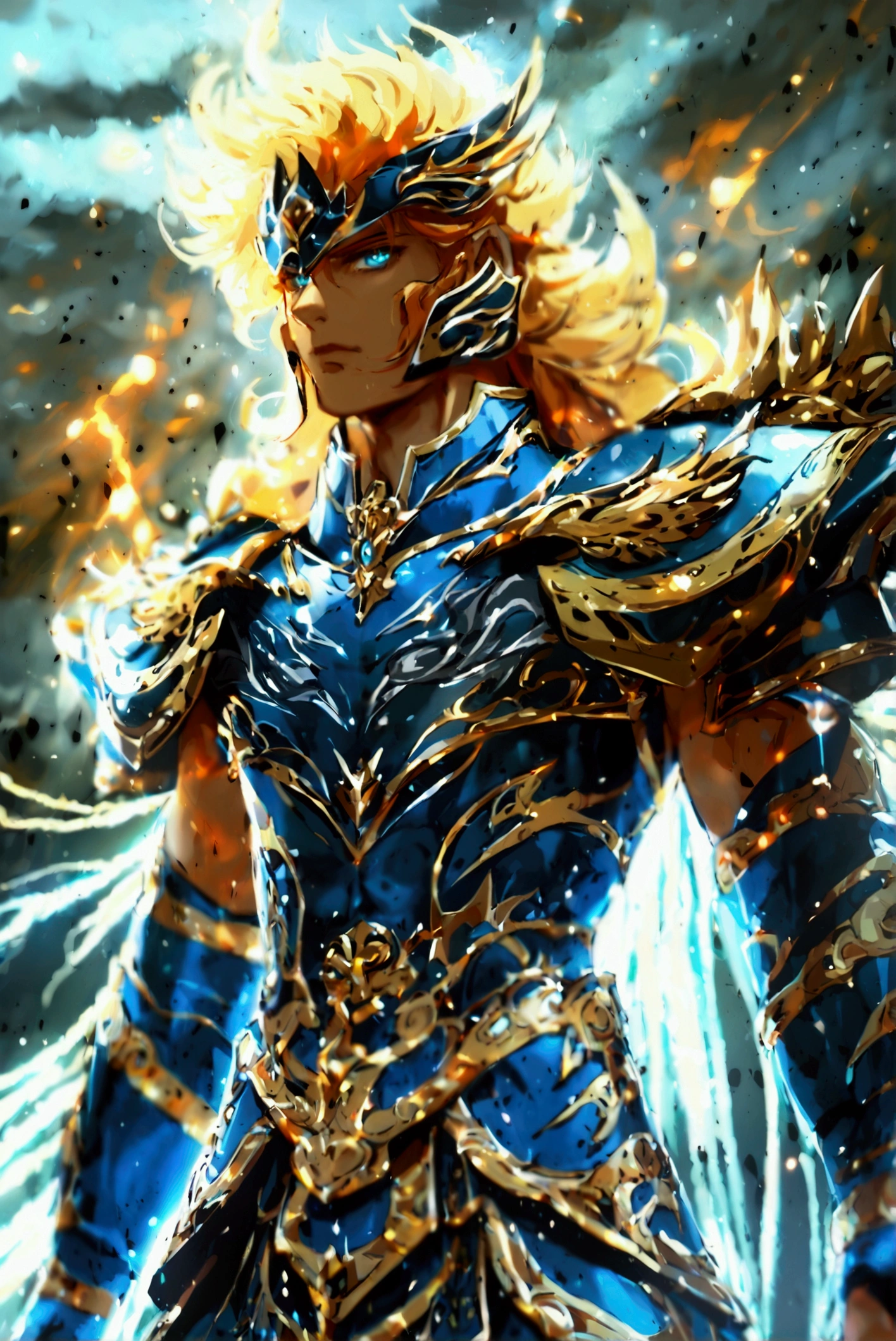 Draw an 18-year-old Zeus in a kamui armor inspired by *Saint Seiya*, embodying supreme authority and raw power. He stands tall, youthful yet imposing, with a muscular build, flowing golden-blond hair, and piercing electric-blue eyes that radiate intensity. His armor gleams in silver with intricate gold accents, especially on his chest, shoulders, and gauntlets, where lightning-shaped engravings crackle like frozen bolts. His chestplate displays a circular emblem symbolizing thunder, while his helm features wing-like projections on each side, evoking an eagle’s strength and vigilance. In his left hand, he wields the Aegis, a massive, aged-gold shield engraved with the petrifying visage of Medusa, her eyes faintly glowing with otherworldly energy. In his right hand, Zeus clutches a lightning bolt forged in gleaming gold, its surface carved with swirling storm patterns, ready to strike with celestial fury. Surrounded by a faint aura of electrical sparks and subtle lightning arcs, his armor emanates a powerful glow against a backdrop of stormy clouds, suggesting his command over the heavens and all storms to come.