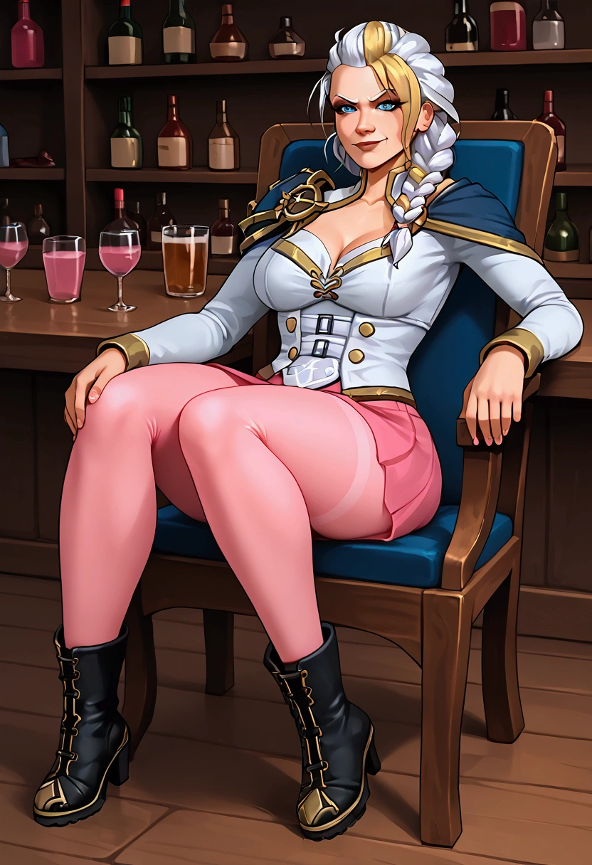 Masterpiece, perfect face, jaina proudmoore, cleavage, nice tits, butt, bubble butt, sit on chair, gorgeous pussy, look at the viewer with disgust, smirk, white short top, pink short skirt, pink pantyhose, Jackboots, bitchy face, bukkake 