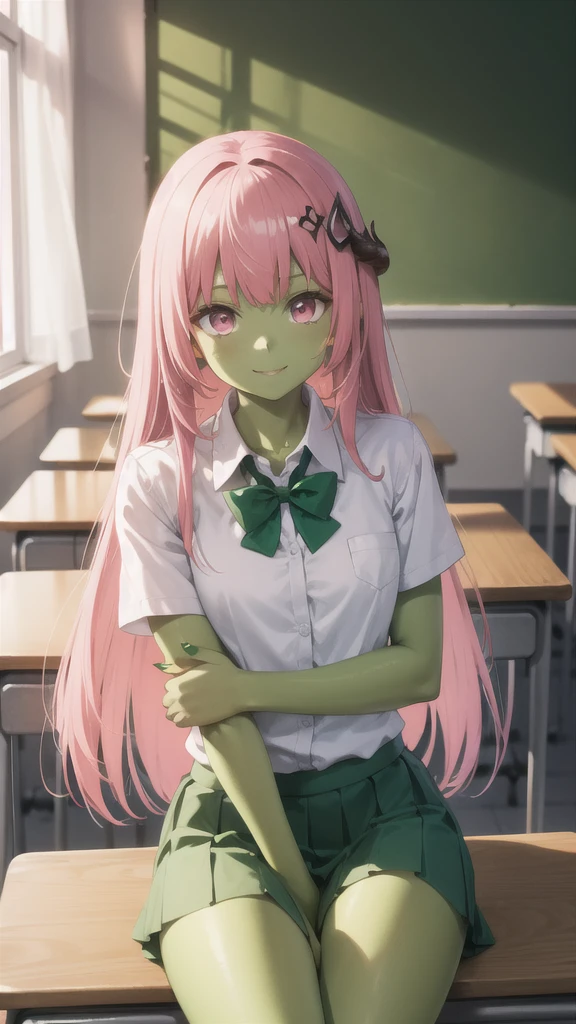 1 Girl, Miss, Mudstone ( tomorrow's ark ), pink eyes ,  alone, There is only one person， Long hair,  bangs,Pink hair， to a standing, Mudstonedefclass, HD， best quality，Skin of color，Green Skin，Sharp nails， green nails ，Green Skin，Green Skin，Green Skin，Green Skin，Green Skin，Green Skin，Green Skin，School Uniform，classroom，Sitting at the table，Smile