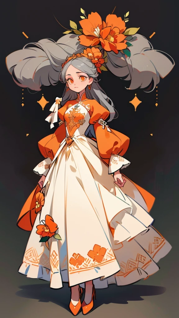 ultra precision,masterpiece, highest quality,(((full body portrait))),one girl,beautiful girl, girl,(look at me),pretty face,(((Light gray hair))),long hair,(Orange eyes),detailed slanted eyes,cool look,She is wearing an orange, white, and black wedding dress.,orange flower embroidery and gold embroidery,race,Slender body shape,small breasts,Black simple background,
