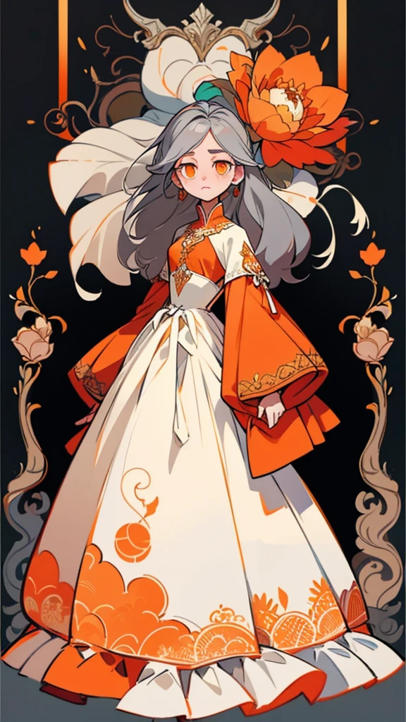 ultra precision,masterpiece, highest quality,(((full body portrait))),one girl,beautiful girl, girl,(look at me),pretty face,(((Light gray hair))),long hair,(Orange eyes),detailed slanted eyes,cool look,She is wearing an orange, white, and black wedding dress.,orange flower embroidery and gold embroidery,race,Slender body shape,small breasts,Black simple background,
