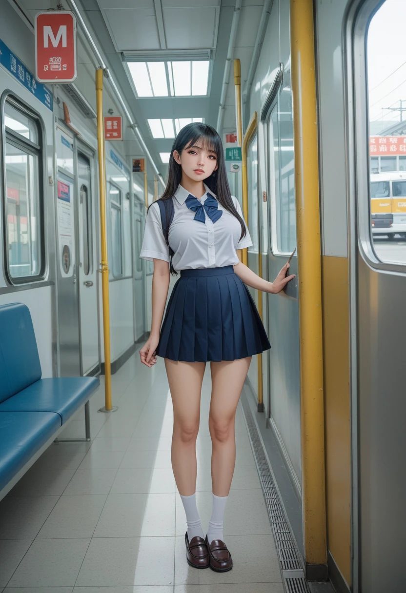 (( best quality)), ((masterpiece)), ( Details),   1 girl, Black Hair、Long Hair、medium large breasts、See-through bang、 school uniform、 Seductive Expression、showing panties、gleaming skin、anklesocks、 Loafers、Subway station