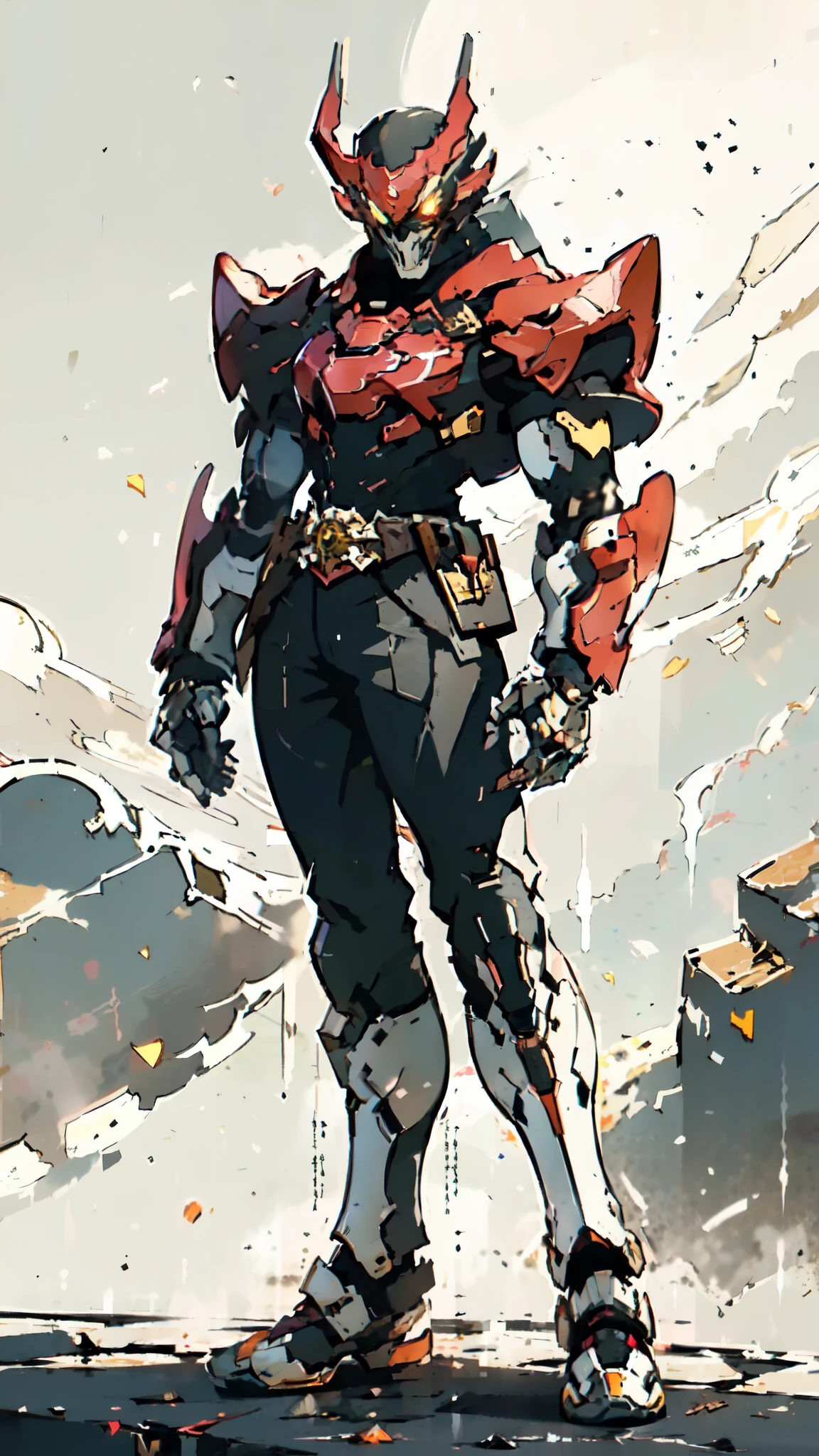 (masterpiece:1.5, best quality:1.5, extremely delicate:1.5), ((male:1.5)), a man wearing a full-face helmet, green eyes, fantasy-style high-tech biomimetic armored combat suit, (a composite layered chest armor), the design balances heavy with agility, fully enclosed shoulder guards, matching arm and leg guards, a belt of gemstone, (the color scheme is primarily White with Golden and Red accents, Organic Biotech, Concept Inspired by Skull, glowing eyes, armor glows, stand of a futuristic sci-fi city), this character embodies a finely crafted fantasy-style armored hero in anime style, exquisite and mature art style, metallic, high definition, highres, ultra-detailed, ultra-fine painting, professional, perfect body proportions, golden ratio, anatomically correct, symmetrical face, extremely detailed eyes and face, high quality eyes, creativity, RAW photo, UHD, 32k, Natural light, cinematic lighting, masterpiece-anatomy-perfect
