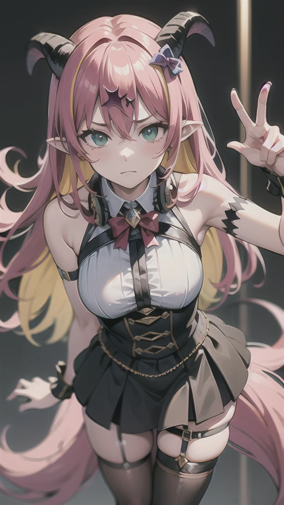 masterpiece, best quality, highres, aloe1, 1girl, solo, pointy ears, multicolored hair, asymmetrical horns, demon horns, hair ornament, blonde hair, chest harness, thighhighs, long hair, asymmetrical legwear, pink hair, sleeveless, bare shoulders, demon tail, thigh strap, wrist cuffs, green eyes, arm strap, skirt, horn bow, mismatched legwear, sleeveless horn ornament, bangs, headphones around neck, uneven legwear, hair between eyes,  leaning forward, pointing, frown,