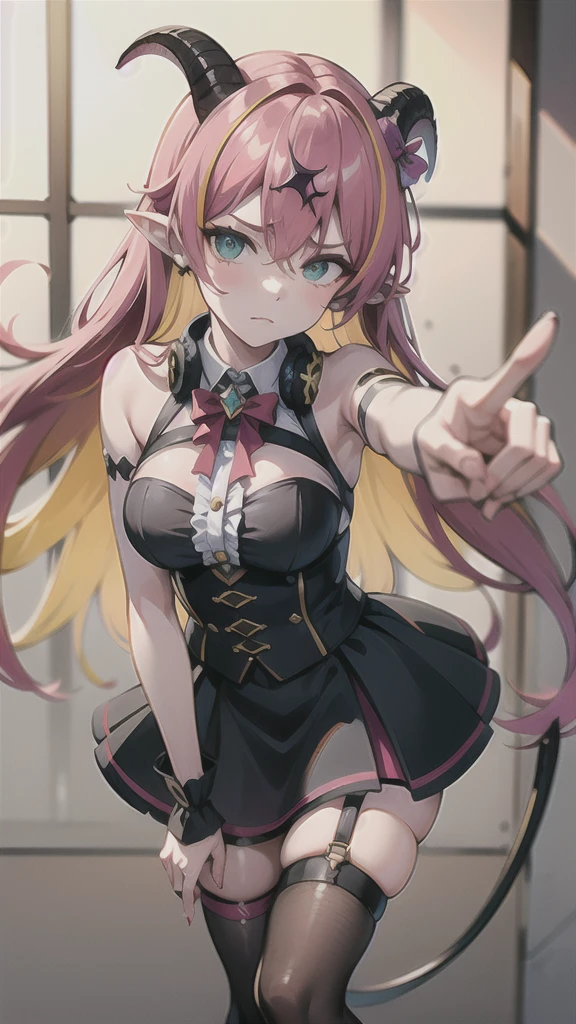 masterpiece, best quality, highres, aloe1, 1girl, solo, pointy ears, multicolored hair, asymmetrical horns, demon horns, hair ornament, blonde hair, chest harness, thighhighs, long hair, asymmetrical legwear, pink hair, sleeveless, bare shoulders, demon tail, thigh strap, wrist cuffs, green eyes, arm strap, skirt, horn bow, mismatched legwear, sleeveless horn ornament, bangs, headphones around neck, uneven legwear, hair between eyes,  leaning forward, pointing, frown,