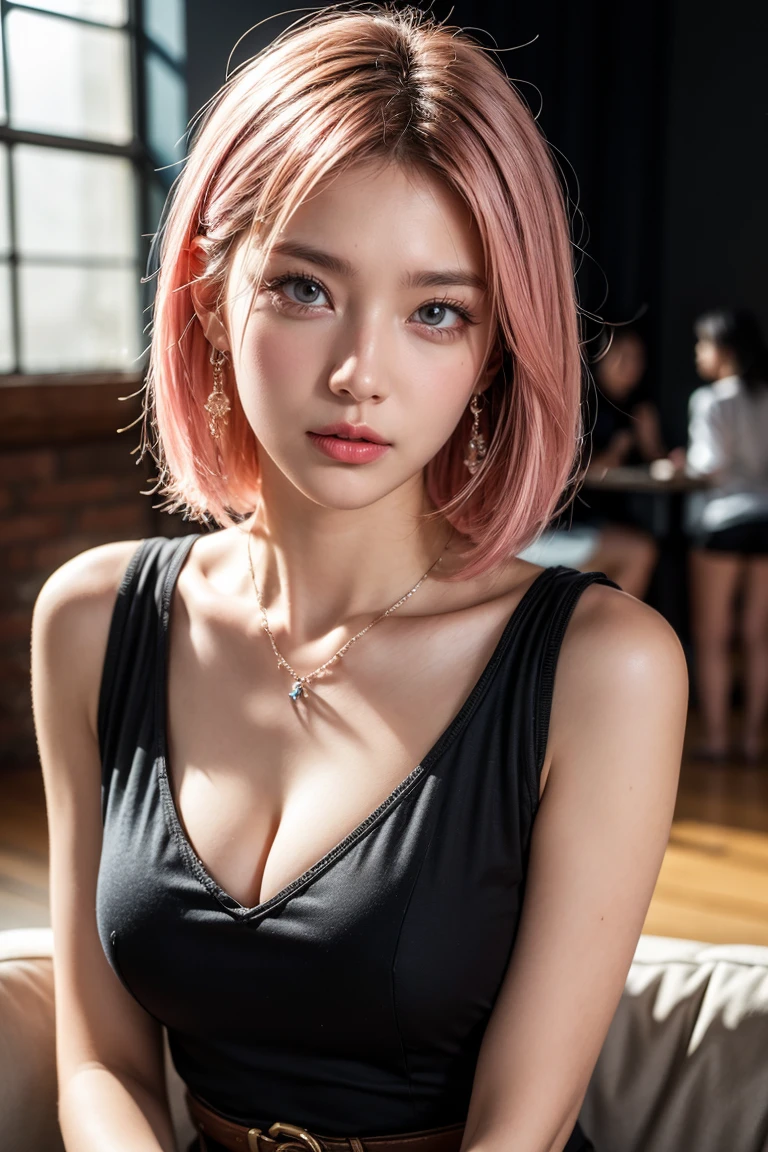 one-girl, European, Natural pink short hair, red eyes, warriors, Valkyrie, The goddess is like a face,Bust photo, (Best quality at best,4K,8K,A high resolution,tmasterpiece:1.2),ultra - detailed,(actual,realistically,照片般realistically:1.37),you will bring, vibrant with colors, warm color palette, gentlesoftlighting, High-neck clothing, Strict dress code.