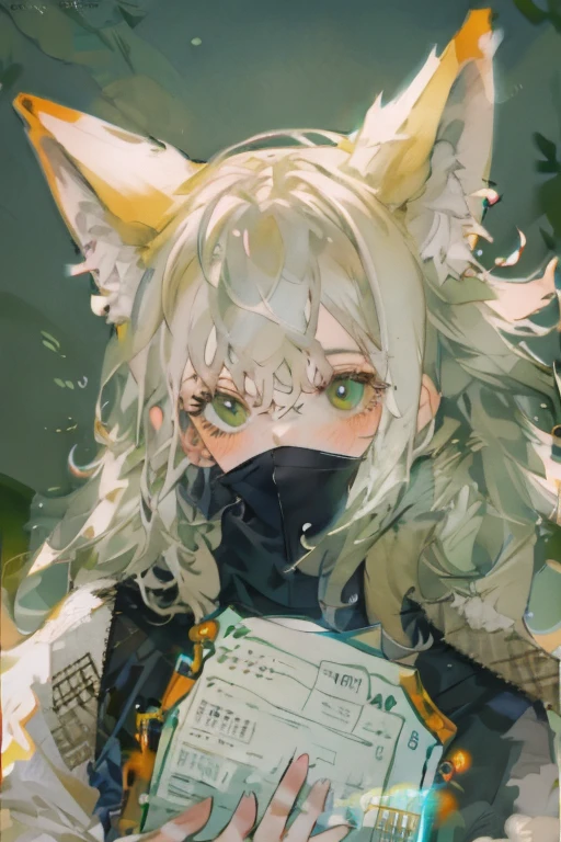  fox ears,Fox Tail, The illustration expresses a very detailed cover art effect。This scene is drawn very delicately 。The overall feeling is innocent ,1 girl in,solo,Soft lighting contrast is low, cream hair,Green Eyes,Black turtleneck,Have documents,