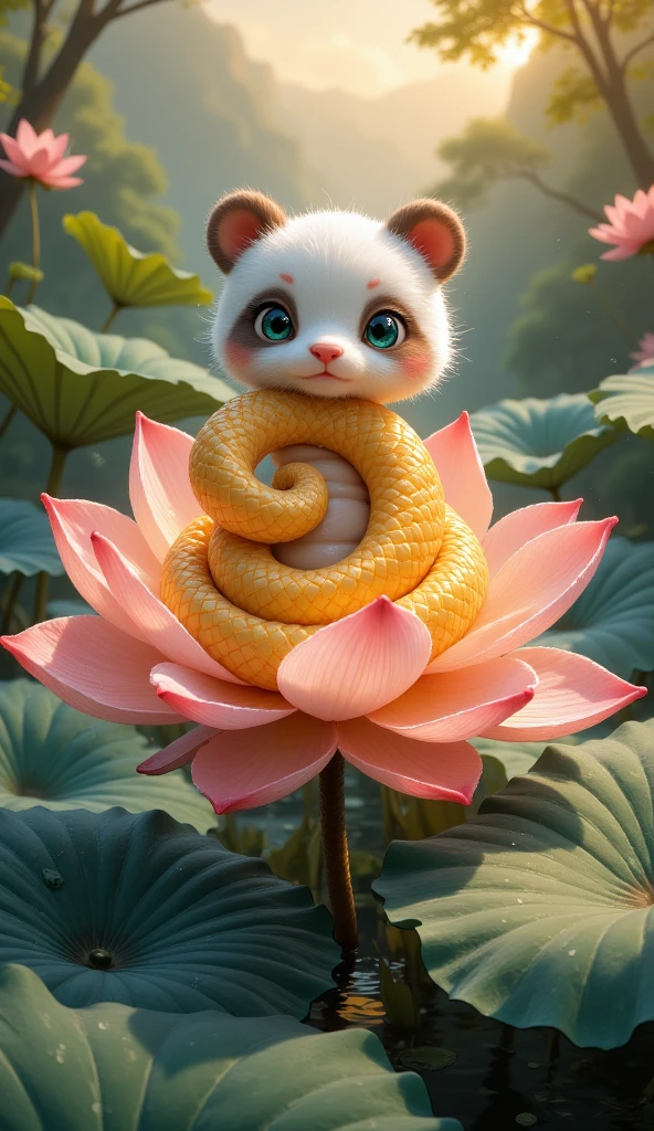 The world of felt，Ink wind background, Felt bridge flowing water ， Felt landscape ，A lotus， Soft golden glow ， Lotus core reveals a Q version of a young snake ， Plush velvet is cute ， Plush golden felt-textured scales ，Gradient gold ， Light gray textured little belly ， Large, round eyes that radiate emerald green and soft light ， Pure spiritual eyes ， Full of wisdom and wisdom about the surroundings State ， A felt panda stands on the side with its paws sticking out and rests on top of a young snake's head， blockbuster cinematic perspective ， interlaced light and shadow ，High resolution reveals details， Extreme Details ，Super Resolution，Image Quality， octane rendering ，Global Illumination