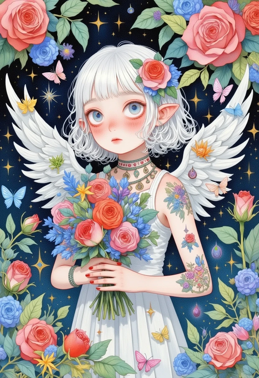 1 Girl,Angel,Angel  Wings , artist name , bangs,blue flower,blue Rose,flower束,茶flower,Shut up,daisy,eyelash,feathered  Wings ,flower卉背景,flower卉印flower,flower,green flower,Hold,Hold flower束,Hold flower,leaf,lily \(flower\), looks at the audience,莲flower,mini  Wings ,orange flower,pink flower,pink Rose,Pointed ears,purple flower,purple Rose,red flower,red Rose,Rose,Rose petals,Rose print,Short hair, alone,spoken Scribbled,Scribbled,Star \(Sky\),Tattoo,thorns, traditional media,tulip, upper body,white flower,White hair,white Rose,white  Wings , Wings ,yellow flower,yellow Rose