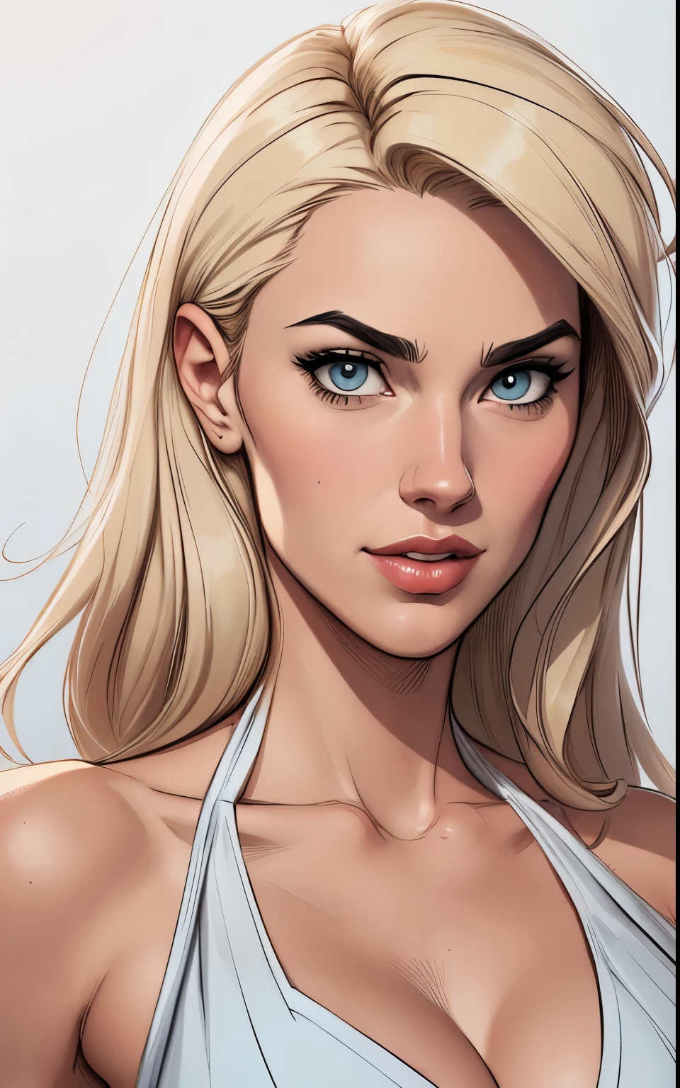 Flat colors, close up, Portrait of a 257year old surfer looking girl, tan skin, beach blonde salty hair, natural beaty, beautiful, Cleavage, (([Simply white Background]))Masterpiece, raw, beautiful art, professional artist, 8k, very detailed face, very detailed hair, 1girl, , wearing tight pajama shorts,((([ topless, large perfect breast, perfect perky nipples])))