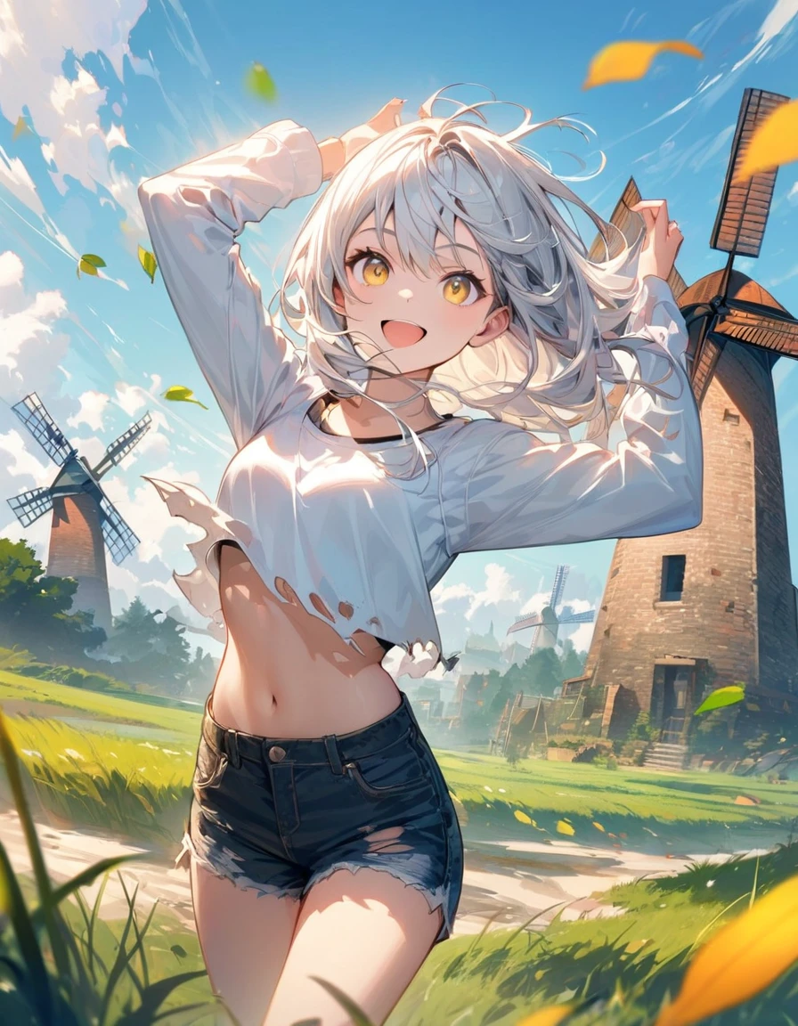 (masterpiece),(best quality),illustration,ultra detailed,hdr,Depth of field,(colorful),1girl,solo,outdoors,shorts,sky,long hair,cloud,navel,falling leaves,cutoffs,arms up,crop top,smile,grass,windmill,midriff,day,black shorts,long sleeves,floating hair,stomach,wind,blue sky,standing,open mouth,shirt,short shorts,denim,white hair,white shirt,yellow eyes,:d,torn shorts,feet out of frame,looking at viewer,denim shorts,leaf,thighs,TrNyteal,