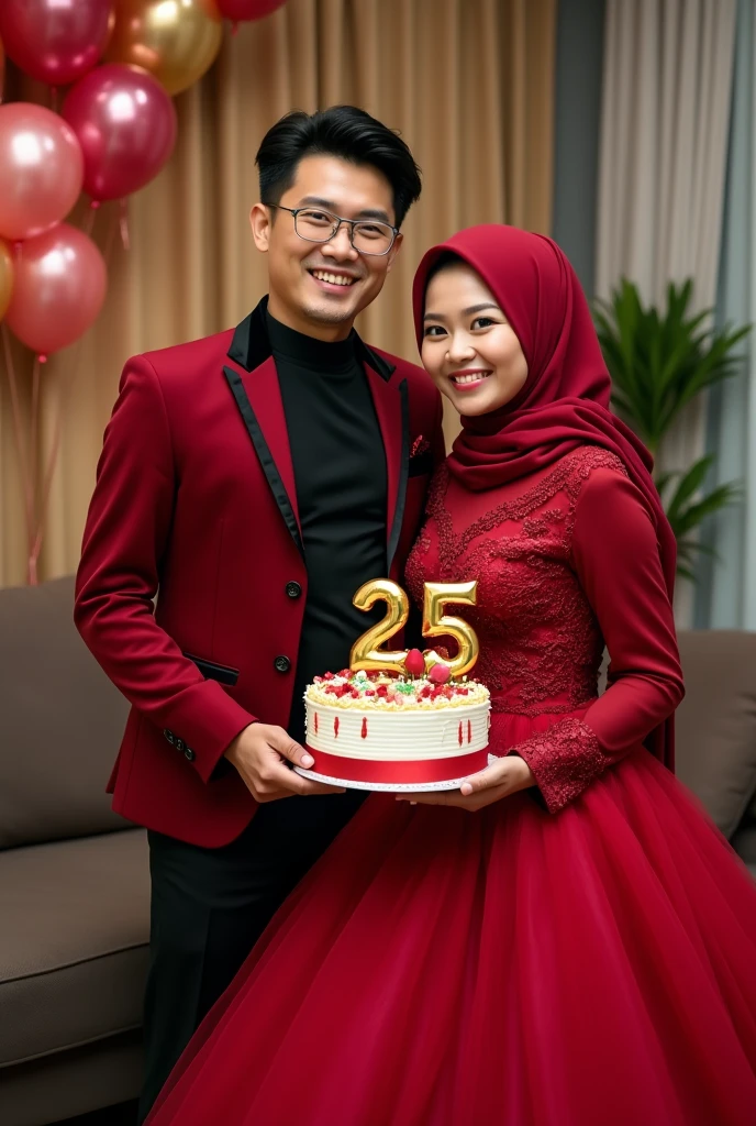 a beautiful Indonesian woman,wear a hijab and wear long, patterned clothing,soft white color, he is holding a 30th birthday cake with the name Handayani and candles burning,Beside him was a handsome man wearing a suit(husband)hugging happily,faint smiling face, is celebrating his birthday party. interior background of luxury apartment decorated with birthday theme, lots of balloons, there is writing on the back (happy birthday). the picture is very clear,Real, realistic 32k