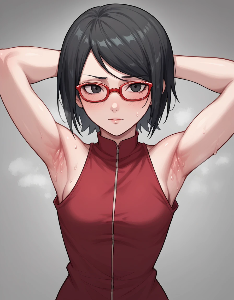 boruto,(sarada uchiha, short hair, black hair, black eyes, red-framed eyewear, glasses, swept bangs:1.1)(Armpit,脇の皺:1.3)，(steam，steamimg:1.1)，  red dress , is embarrassing