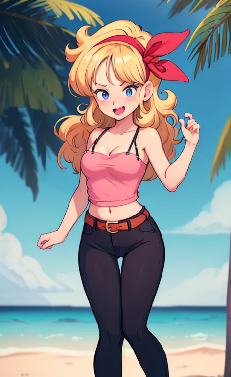 ((masterpiece, best quality)), insaneres, absurdres, solo, looking at viewer, BlondeHair_BadLaunch_ownwaifu, 1girl, long hair, blonde hair, curly hair, hair ribbon, blue eyes, medium breasts, red hairband, eyelashes, bangs, Pink shirt, black leggings, black pants, pink crop top, midriff, cleavage, bare shoulders, navel, collarbone, pink tank top, belt, bare legs, outdoors, depth of field, the beach, ocean, smile, open mouth
