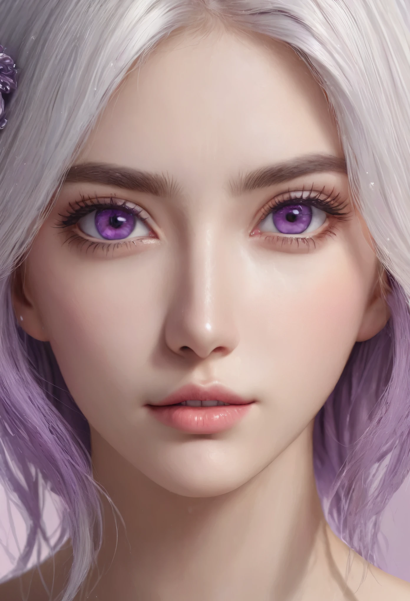  (hyperrealistic), (illustration), (high resolution), (8K), (extremely detailed), (best illustration), (beautiful detailed eyes), (best quality), (ultra-detailed), (masterpiece), (wallpaper), (photorealistic), (natural light), (detailed face), (high detailed realistic skin texture), (anatomically correct), (solo), (1 girl:1.52), (high detailed realistic hair), (white hair:1.35), (heterochromic eyes), (detailed eyes), (purple eyes:1.37), (sparkling eyes), (realistic huge breasts:1.53), (slender abs), (dynamic pose), (closed tiny mouth:1.3), (concentrated expression), (upon body from head to thigh:1.51), (dimple:1.34)