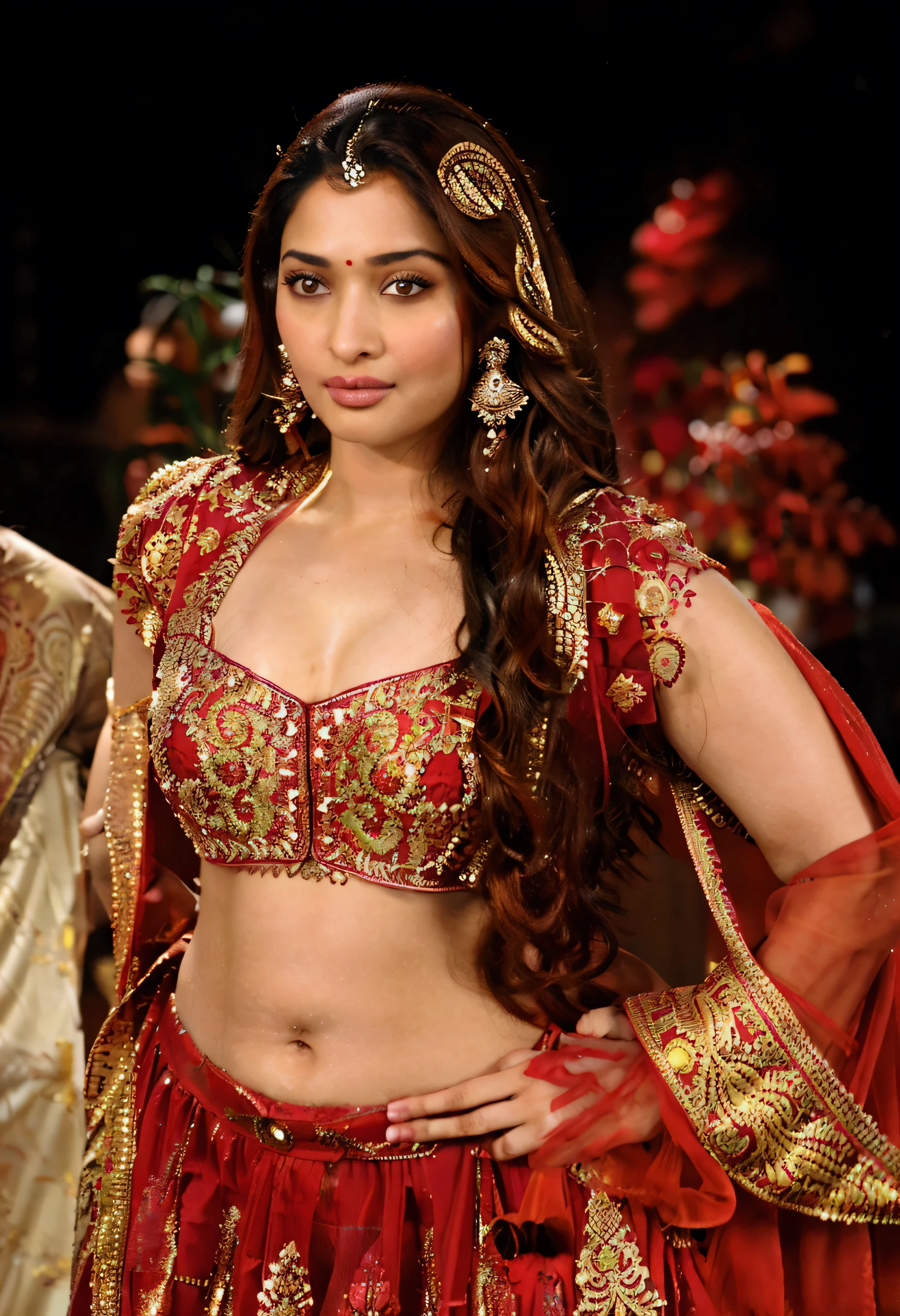 tamanna in a red and gold outfit posing for a picture, red and gold sumptuous garb, aishwarya rai, indian super model, watermark:-1, maya ali, maya ali mage, maya ali sorceress, ritu kumar, traditional female hairstyles, proud looking, wearing an ornate outfit, cutie, beautiful model, maya ali as d&d sorcerer