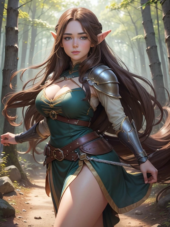 ((obra maestra - obra de arte - detallada - mejor calidad)) - anime style - genshin impact 1 women's style - full body - elf - elf princess - brown hair - long hair - hime cut - blue eyes - weapon - bow - hand - medium breasts - green elf outfit - pink skirt - tight white panties - exposed - legs apart - pink tight tights to the thigh - thighs - heels - elf shoes - elf shoe - forest - standing - dynamic pose, piedra del camino - valla - piedra - roto