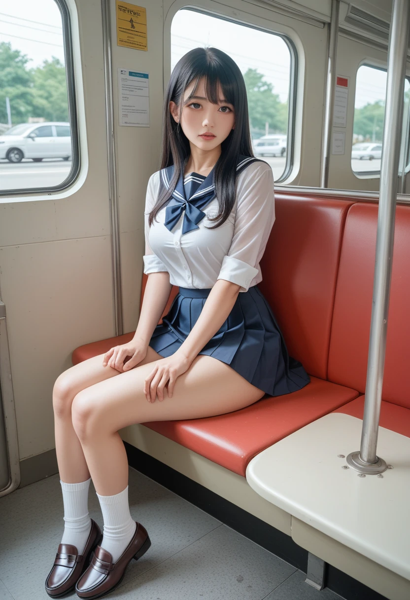 (( best quality)), ((masterpiece)), ( Details),   1 girl, Black Hair、Long Hair、medium large breasts、See-through bang、 school uniform、 Seductive Expression、showing panties、gleaming skin、anklesocks、 Loafers、In Train、 sitting