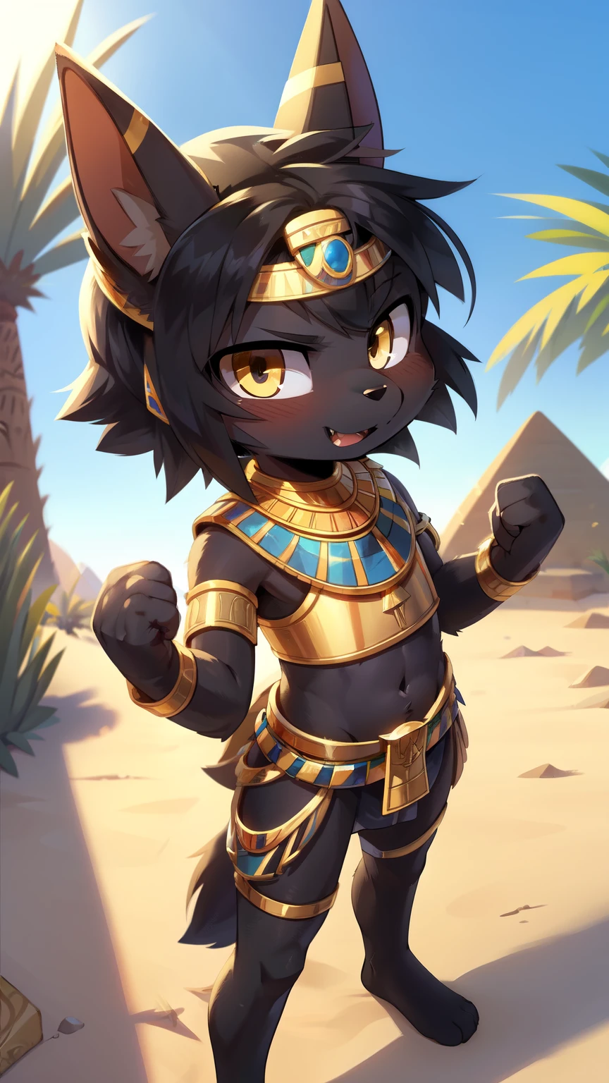 score_9,score_8_up,score_7_up, source_cartoon, source_furry, Anubis, Furry shota, jackal, black hair, short spiky hair, yellow eyes, detailed body fur, ((minuscule Egyptian antique clothes, cute sexy and almost naked, gold crop top armor, midriff, gold headband)), masterpiece, looking at you, fangs, black body fur, detailed face, big eyebrows, detailed eyes, detailed body, detailed body fur, detailed hands, flat body, glistering body, shiny body, skinny, perfect lighting, perfect shadows, perfect eyes, perfect hair, perfect face, gorgeous body, solo, :3, full body, feets with three toes, desert, oasis, palm tree, clear sky, motion blur, fist at viewer, punch act,